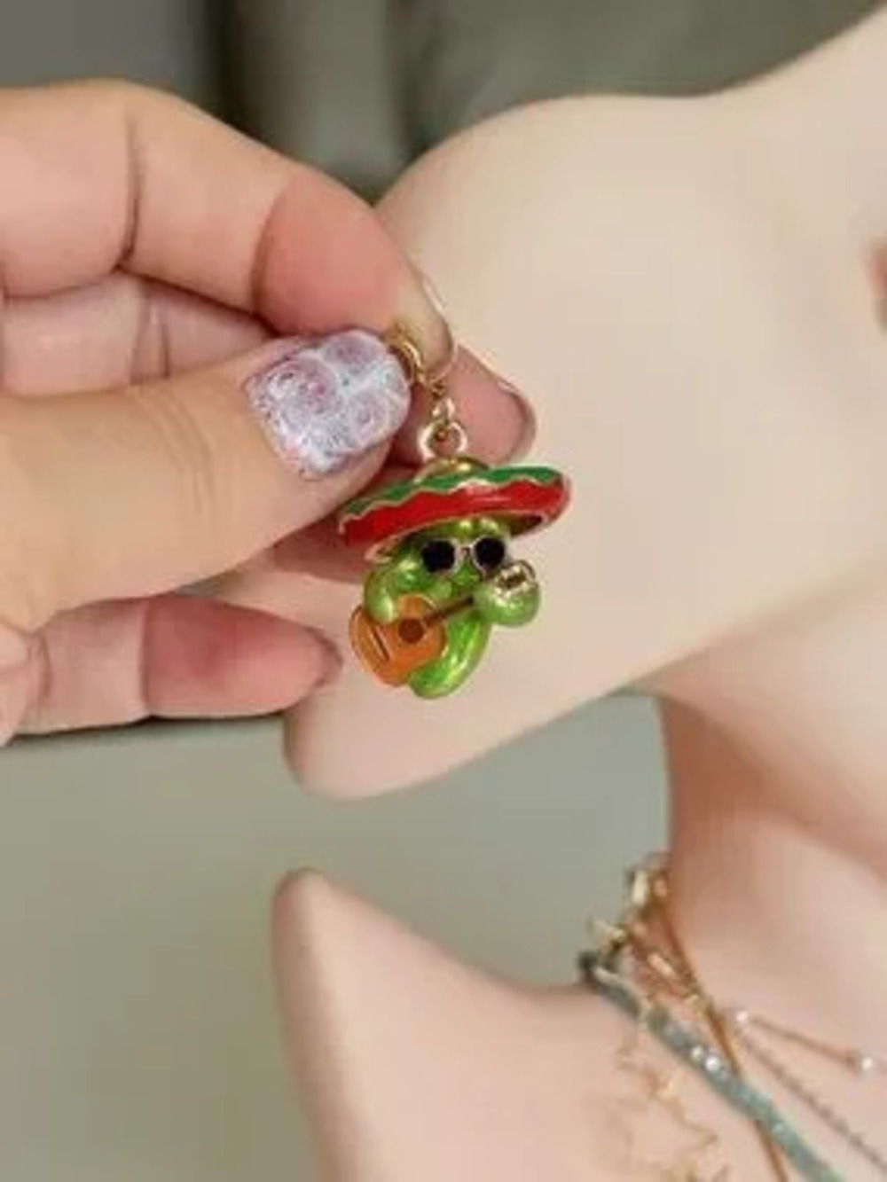Green Enamel Sombrero Character Charm with Guitar